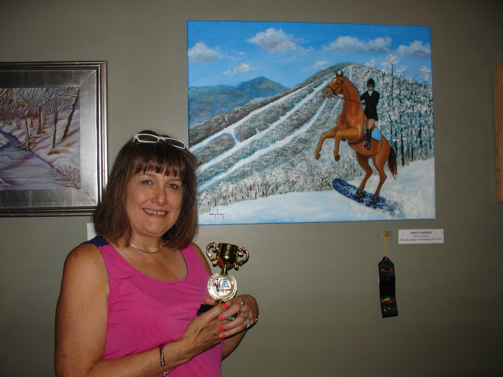 Popular Vote Contest Winner Kristy Bishop with "Snowboarding at Windham, NY" Oil Painting (c) 2016 24" x 30"